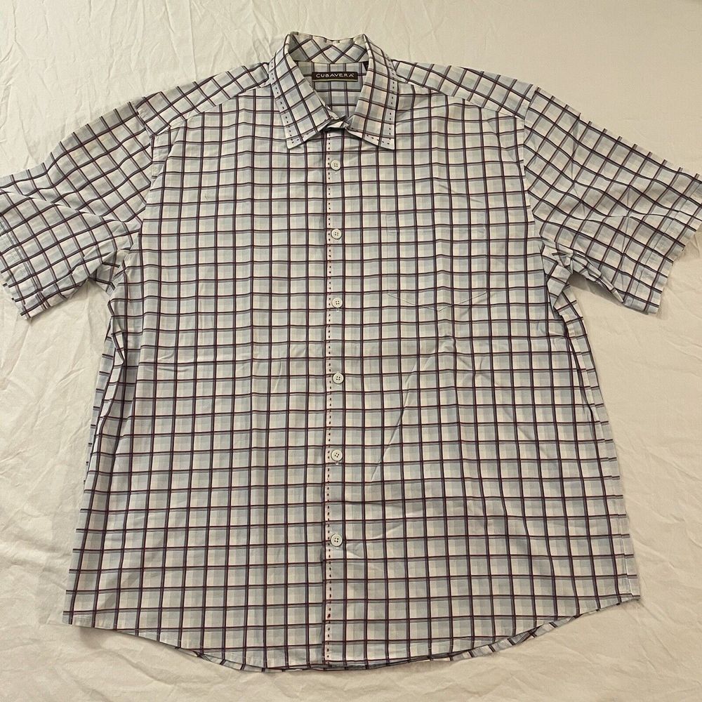 Cubavera Shirt Mens Size XL Plaid Multicolored Button Down Short Sleeve Pockets